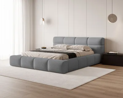 Zdjęcie produktu dla BESILIO Łóżko boucle z grubej pianki 140x200 Carlo - tkanina barankowa, łóżko z pojemnikiem i stelażem - Szary
