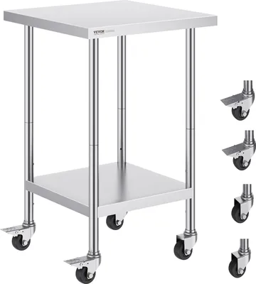 Immagine prodotto di Tavolo da lavoro in acciaio inox VEVOR, 61 x 61 x 96,5 cm, tavolo da preparazione per catering con 4 ruote, 3 livelli di altezza regolabili, tavolo da lavoro per la preparazione di alimenti per cucine commerciali e ristoranti