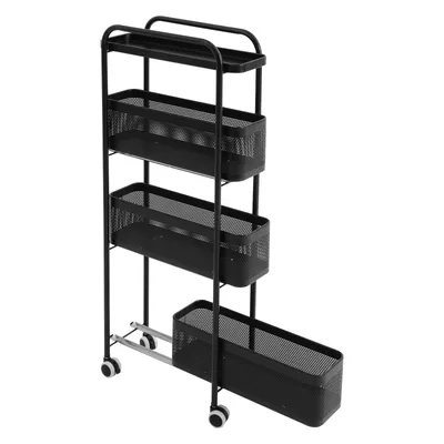 Productafbeelding van 4-laags rolwagen, zwart. Opbergwagen met uitschuifbare netmand, mobiele organizer voor kleine ruimtes