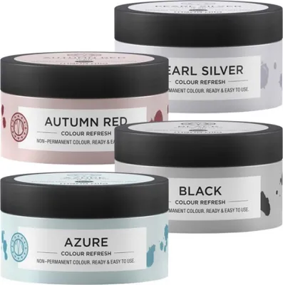 Four jars of hair color refresh product are arranged in a diagonal formation on a white background.