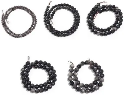 Image de Ensemble de bijoux ronds en obsidienne argentée - 48 pièces - Noir - Ensemble de bijoux ronds avec trou - Ensemble de bijoux en pierres précieuses - 8 mm - Obsidienne argentée - Bijoux