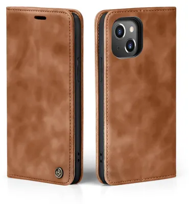 A brown leather flip case for an iPhone 14 is shown from two angles.