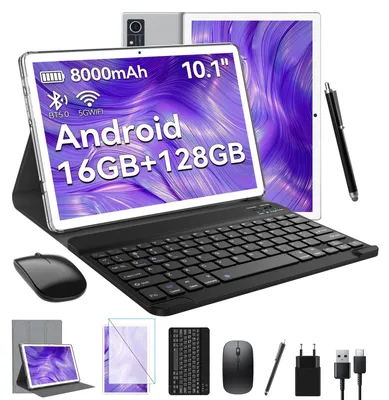 Produktbild von Android Tablet 10 Zoll 16GB RAM+128GB ROM 1TB TF 5G WiFi Tablet Mit Tastatur Maus Stift und Hülle MTK8183 Octa-Core 8000mAh Akku 21MP Kamera 1080FHD Silber