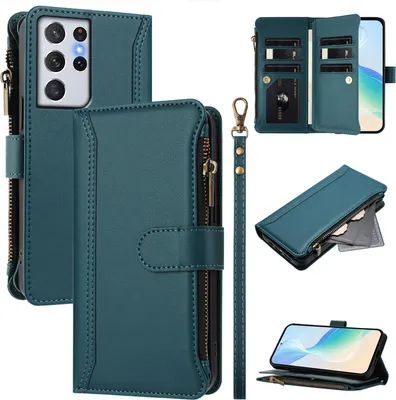 Image de Etui pour Samsung Galaxy S21 Ultra 5G, pochette zippée, étui portefeuille en cuirPolyuréthaneavec pochettes pour cartes, support et dragonne, vert