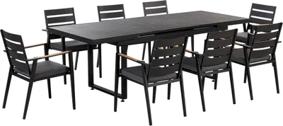 Produktbild von BELIANI Gartenmöbel Set 9-teilig Schwarz Aluminium Ausziehtisch 180 / 240 x 90 cm Latten-Tischplatte Rechteckig mit 8 Stühlen Auflagen Grau Stapelbar