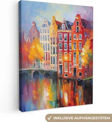 Produktbild von MuchoWow® - Leinwandbilder - Grachtenhäuser - Kunst - Malerei - Amsterdam, Wandbild, Wanddeko Bilder Wohnzimmer, 90x120 cm