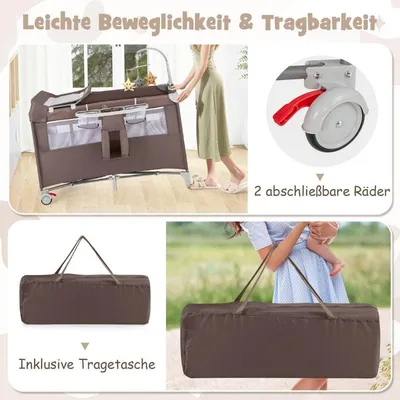 Image de Lit d'appoint pliant 5 en 1, lit de voyage avec matelas, lit bébé à 2 niveaux avec roulettes marron