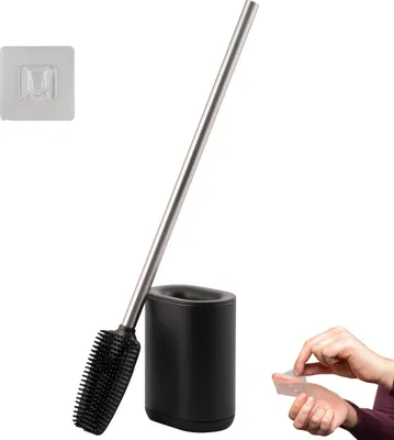 Produktbild von bremermann WC-Garnitur BARBENA, schwarz, mit flexibler 3in1 Bürste aus elastischem TPR-Material, mit Wandhalterung und Edelstahlgriff