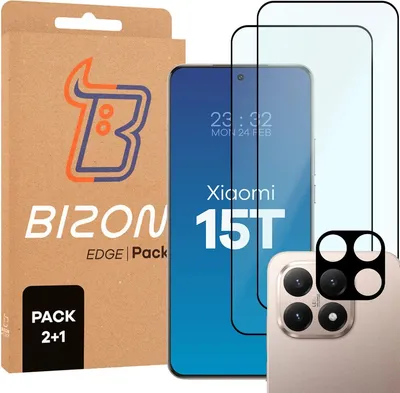 Produktbild von Gehärtetes Glas - 2 Stück + Kameraschutz für Xiaomi 15T, Bizon Glass Edge Pack, Schwarz