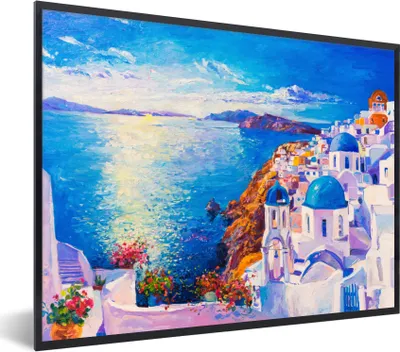 Produktbild von MuchoWow® Gerahmtes Poster Malerei - Griechenland - Wasser - Öl 80x60 cm - Poster mit Schwarzem Bilderrahmen Wandposter Rahmen Foto Bilder - Schwarzem - Mit Gestell