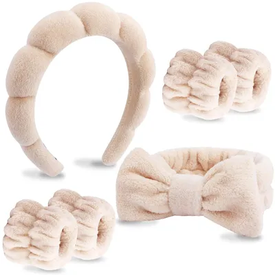 Produktbild von 6er-Pack Stirnbänder für Make-up und Hautpflege, Haarband-Set mit Fliege aus braunem Schwamm – Haar-Armband als Geschenk für Frauen