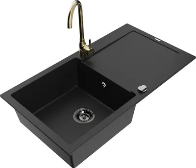 Immagine prodotto di Mexen Leo lavello in granito 1-vasca con sgocciolatoio e rubinetto da cucina Telma, nero - 6501-77-670200-50-B