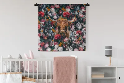 Produktbild von MuchoWow® Wandteppich Wandbehang Kuh - Blumen - Braun 90x90 cm Tapisserie Dekoration Wandtuch - Wandaufhänger
