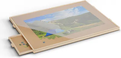 Zdjęcie produktu dla Deska do układania puzzli Relaxdays, z 4 szufladami, do puzzli do 1000 elementów, obrotowa, drewniana, mata do puzzli, podkładka do puzzli, kolor naturalny