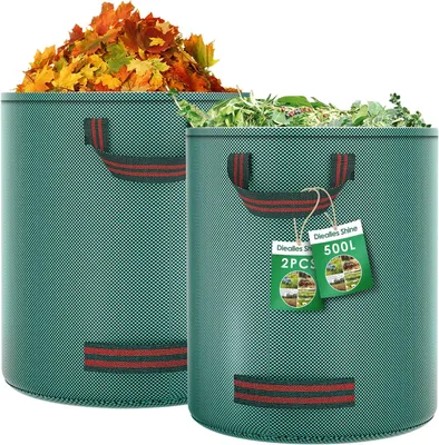 Productafbeelding van Tuinafvalzak, 2 x 500 liter, tuinzak met 4 handgrepen, zelfstaand, waterdicht, bladzak, duurzaam, corrosiebestendig, voor tuinafval en groen snijden