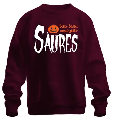 Productafbeelding van "Snoep of verkering, anders krijg je rotzooi!" Halloween, pompoen, griezelig, kinder-uni sweatshirt, bordeauxrood, maat S