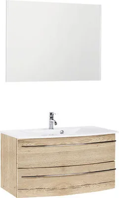 Produktbild von Marlin Badmöbel-Set 3040 BxHxT 91 x 198,2 x 51 cm Frontfarbe eiche natur mit Waschtisch Keramik weiß, Spiegel mit LED-Be