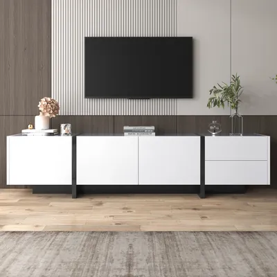 Produktbild von MODFU Lowboard TV-Schrank mit 2 Schublade und 3 Tür, Lange 190cm Fernsehtisch Wohnzimmerschränke TV-Möbel TV-Regal für Fernseher bis zu 80 Zoll für Wohnzimmer, Esszimmer und Schlafzimmer, weiß