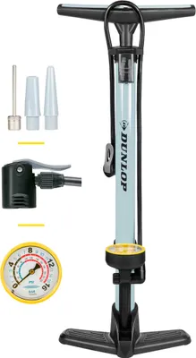Produktbild von Dunlop Fahrradpumpe mit Manometer für Dunlop-, Schrader- und Französisches Ventil - Inkl. Adapter für Wasserspielzeug und Bälle