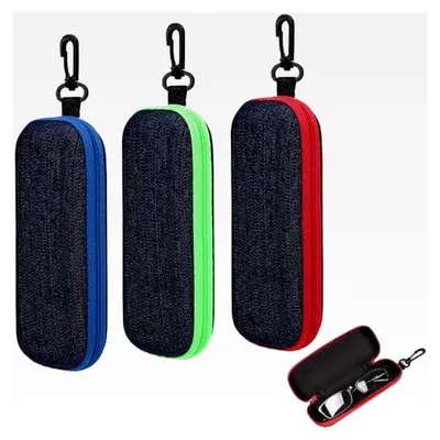 Produktbild von 3 Stück Brillenetuis aus Denim-Stoff, Hartschalen-Brillenetui, Reise-Brillentasche mit Reißverschluss, Tragbare Brillenaufbewahrung für Reisen und den täglichen Gebrauch (Blau, Grün, Rot)