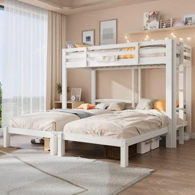 Immagine prodotto di Letto a tre posti, letto a castello per tre persone con scala laterale per bambini e adolescenti, bianco (90x200 cm)