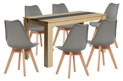 Image de Ensemble de salle à manger comprenant une table rectangulaire en chêne de 140 cm avec 6 chaises, finition noire et grise