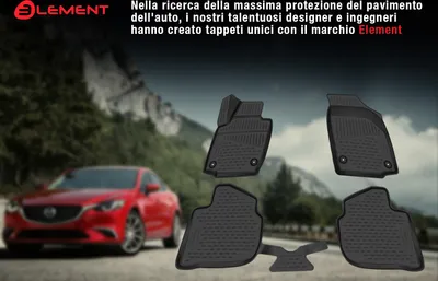 A red car on a road with a mountain backdrop, surrounded by car floor mats.