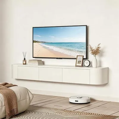 Imagen del producto de Mueble de TV suspendido de 140 cm, mueble para televisión con puertas, mueble bajo de color blanco