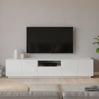 Immagine prodotto di Dmora Mobile Porta tv Azzurras 43x220x46h cm Bianco Lucido, Apertura Battente 3 Vani Italy