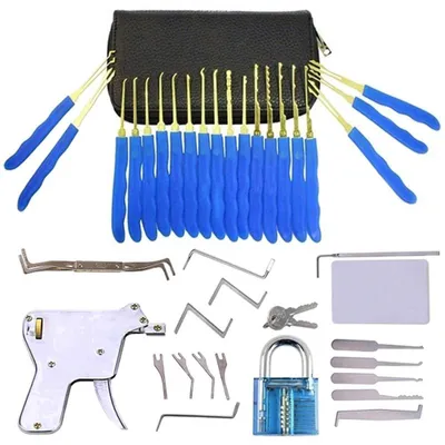 Lockpicking-Set, 33-teilig, mit Trainingsschlössern, Blau