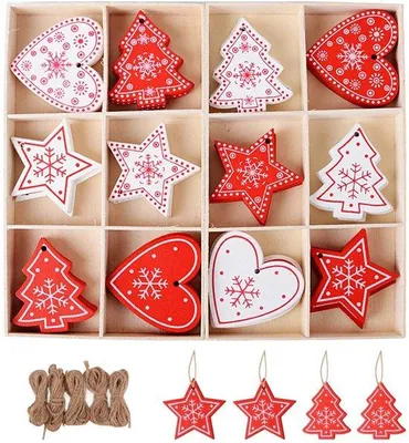 Image de Décorations en bois - Décorations de Noël - Lot de 48 pièces - Rouge/Blanc