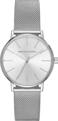A studio shot of a silver Armani Exchange women's watch with a mesh band and a white dial.