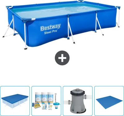 Produktbild von Bestway rechteckiger Steel Pro-Schwimmbecken – 300 x 201 x 66 cm – Blau – im Lieferumfang enthalten Abdeckung - Wartungspaket - Pumpe - Bodenplane