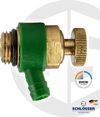 Close-up of a brass and green fitting, with watermarks and logos in the background.