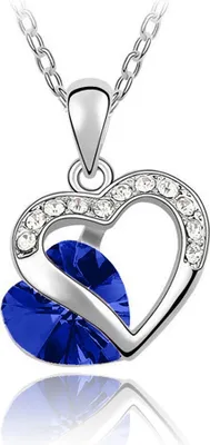 Produktbild von Halskette Herz Damen Doppelherz 2 Herzen Zirkonia Strass Steine Kristall Weißgold Plattiert dunkelblau