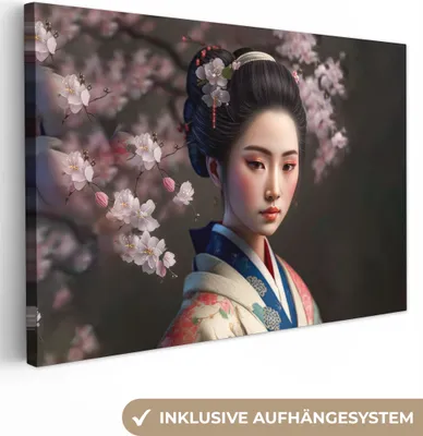 Produktbild von MuchoWow® - Leinwandbilder - Frau - Sakura - Kimono - Asiatisch - Porträt, Wandbild, Wanddeko Bilder Wohnzimmer, 90x60 cm