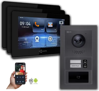 Produktbild von Goliath 2-Draht BUS Video Türklingel: 2 Fam. 3 Monitore, RFID, Anthrazit : Unterputzdose : 7 Zoll in Schwarz Monitor Auswahl: 7 Zoll in Schwarz Türklingel Montagedose: Unterputzdose