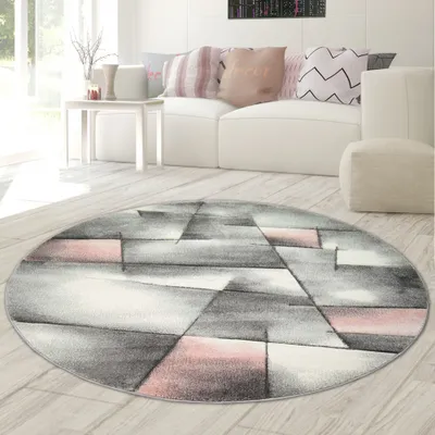 Produktbild von Teppich modern Teppich Wohnzimmer Teppich Kurzflor in pastell rosa grau Größe - 200 cm Rund