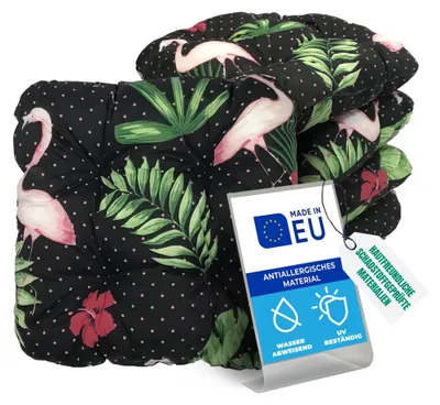 Produktbild von Pillows24 – 4x Sitzkissen Outdoor 40x40 – Extra dicke 8cm – wasser- & UV-beständig + Bändern | Bequeme Stuhlkissen für Gartenstuhl (Flamingos)