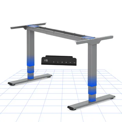 A 3D rendering of an adjustable desk frame on a grid background.