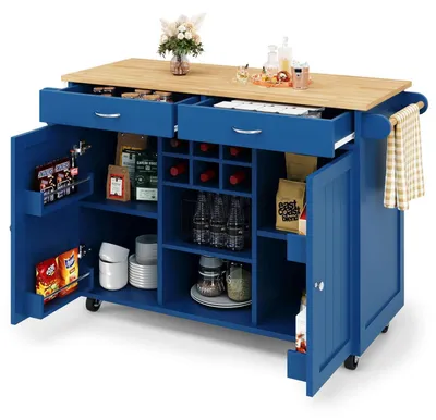 Immagine prodotto di Isola da cucina 102x45x92 cm, mobile da cucina, credenza, carrello di servizio con venature del legno, colore blu