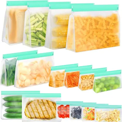 Produktbild von Lebensmittelbeutel, 9er-Pack Gefrierbeutel, wiederverwendbare PEVA-Aufbewahrungsbeutel, Sandwich- & Snackbeutel, vielseitiger Konservierungsbeutel für Gemüse, Obst, Snacks, Fleisch, Müsli