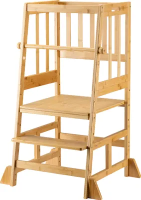 Produktbild von Wiltec Kinderstuhl Lernturm 57 x 46 x 90 cm aus Bambus, Lernstuhl für Kinder mit Geländer, Stehturm mit Schutzstab