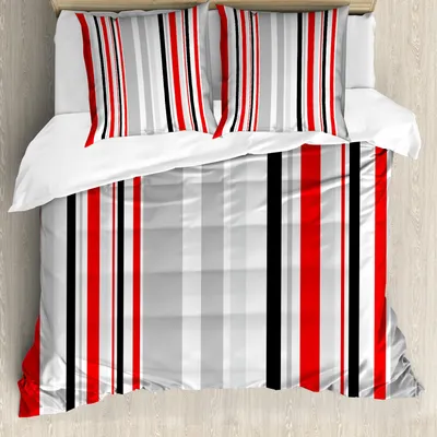 Produktbild von ABAKUHAUS Jahrgang Bettbezug Set, Streifen in verschiedenen Größen Retro-Stil abstrakte Linien altmodisch, 200 x 200 cm + 80 x 80 cm, Vermilion Pale Grau
