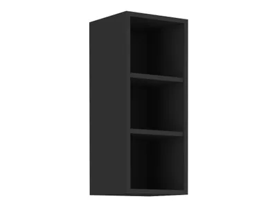 A 3-shelf black open cabinet shown from a 3/4 angle.
