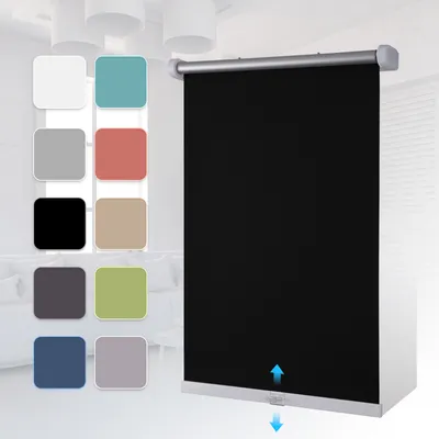 A black roller blind is shown in the center, with a selection of color swatches to the left.