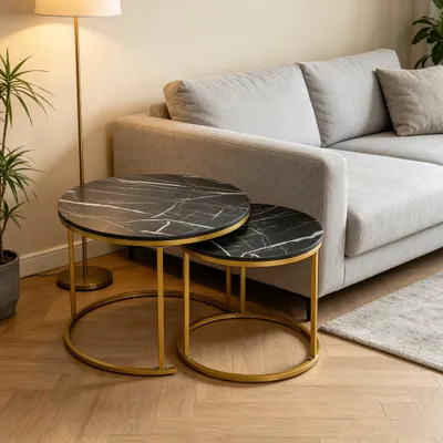 Produktbild von Couchtisch Rund aus Holz,Satztisch 2er Set,Imitation Marble Couchtisch mit Metallgestell,Stapelbar Beistelltisch Set,Modern Kaffeetisch (Ø60cm/40cm)