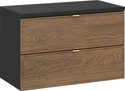 A product shot of a wall-mounted vanity unit with two drawers.
