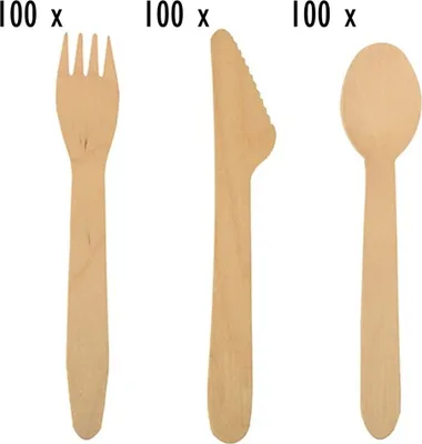 Produktbild von tradingbay24 Einwegbesteck-Set aus Holz 300 teilig (je 100 Holzgabeln, Holzmesser, Holzlöffel) tbK0034 Holzbesteck-Set Partybesteck-Set umweltfreundlich biologisch abbaubar