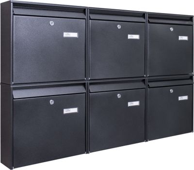 Burg-Wächter Briefkastenanlage 6-fach schwarz 108x96x10cm, Postkasten A4 Einwurf mit Namensschild, Montagematerial, 2 Schlüssel [BKQSCH6 Blanco]